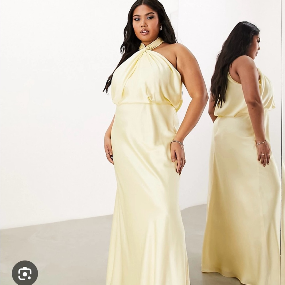 ASOS Curve satin ruched halter dress in yellow size 20
